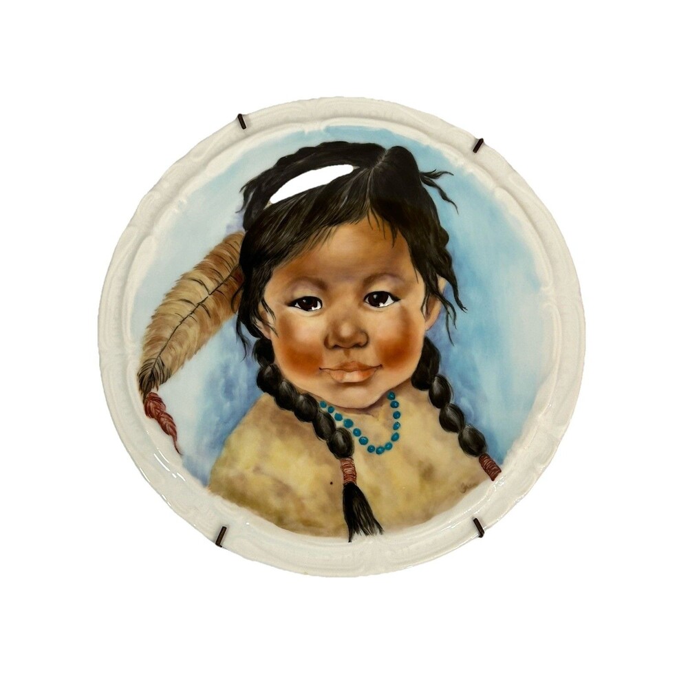 Vintage Hand Painted China Plate Portrait Of Native American Child Artist Signed